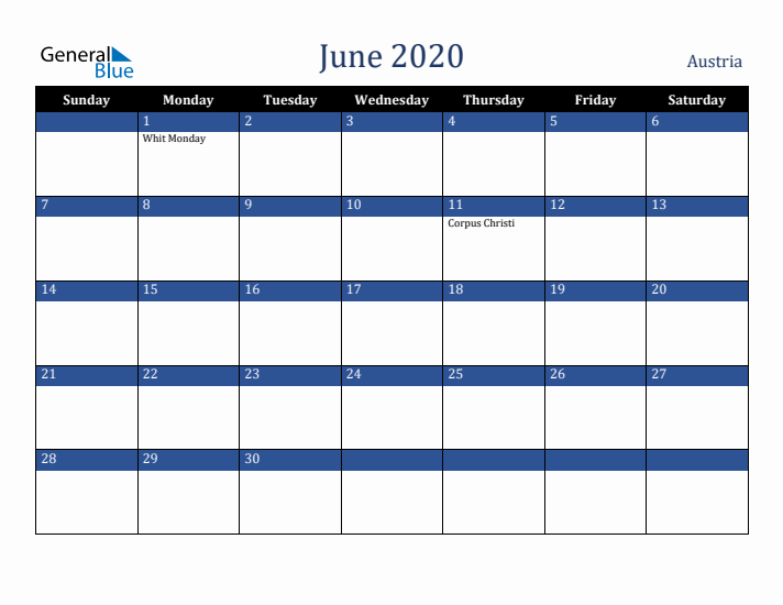 June 2020 Austria Calendar (Sunday Start)