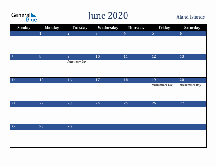 June 2020 Aland Islands Calendar (Sunday Start)