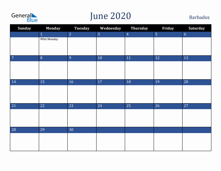 June 2020 Barbados Calendar (Sunday Start)