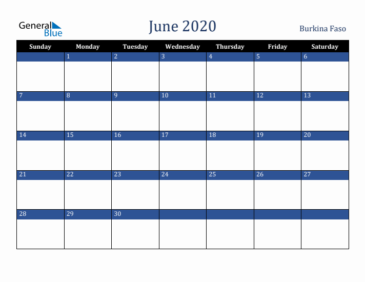 June 2020 Burkina Faso Calendar (Sunday Start)