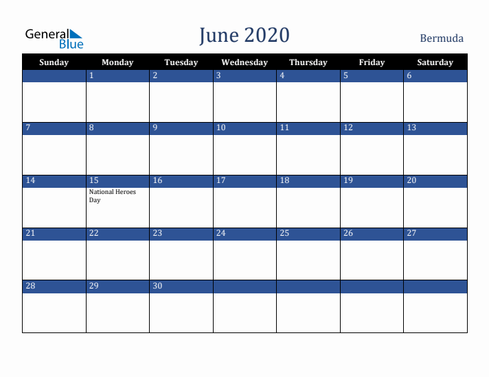 June 2020 Bermuda Calendar (Sunday Start)