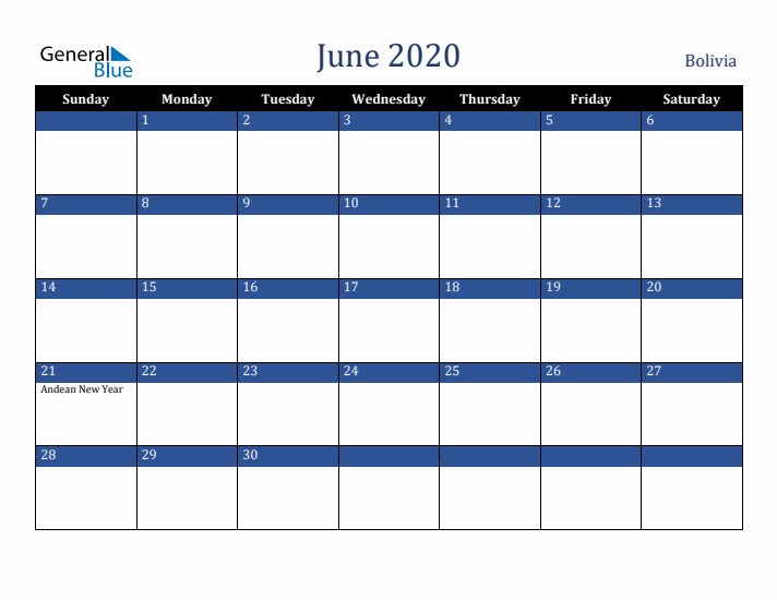June 2020 Bolivia Calendar (Sunday Start)