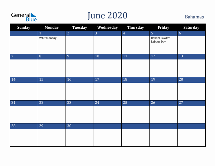 June 2020 Bahamas Calendar (Sunday Start)