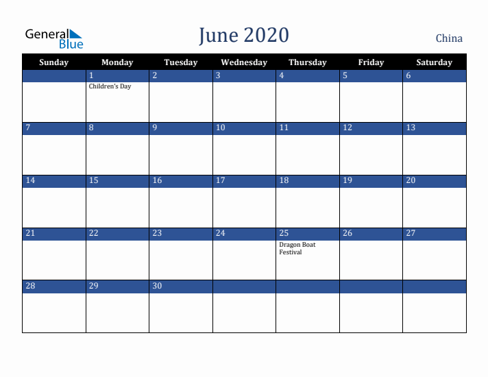 June 2020 China Calendar (Sunday Start)