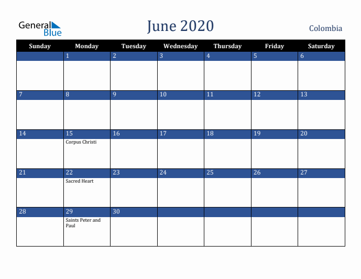 June 2020 Colombia Calendar (Sunday Start)