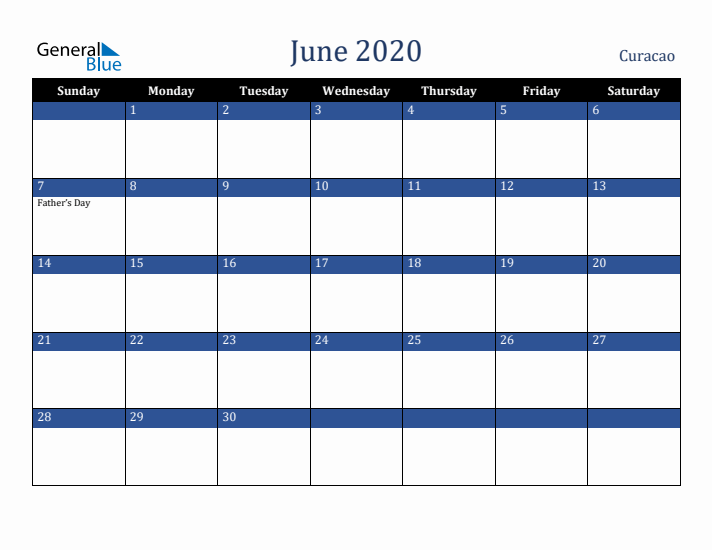 June 2020 Curacao Calendar (Sunday Start)