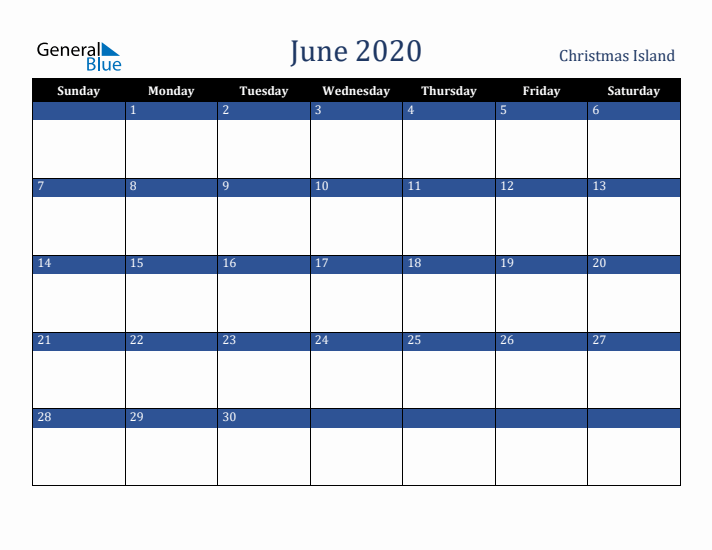 June 2020 Christmas Island Calendar (Sunday Start)