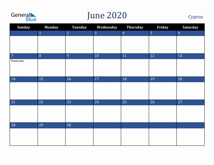 June 2020 Cyprus Calendar (Sunday Start)