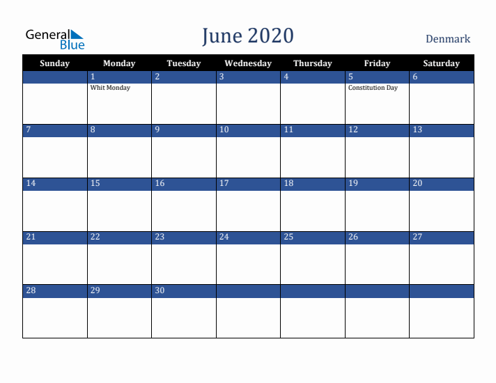 June 2020 Denmark Calendar (Sunday Start)