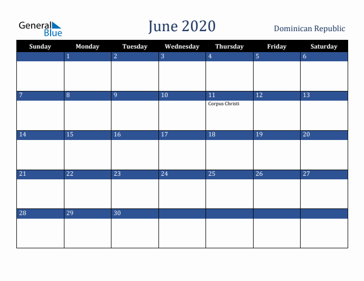 June 2020 Dominican Republic Calendar (Sunday Start)