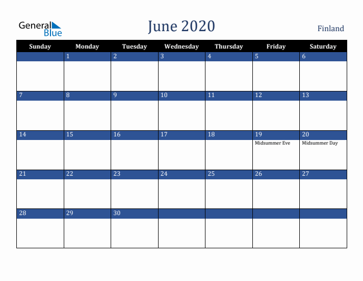 June 2020 Finland Calendar (Sunday Start)