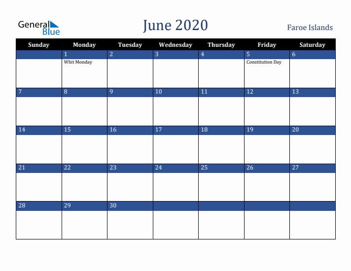 June 2020 Faroe Islands Calendar (Sunday Start)