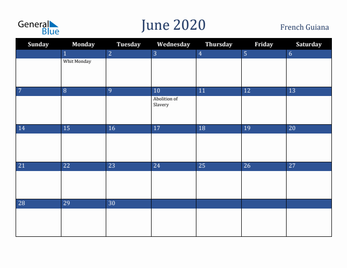 June 2020 French Guiana Calendar (Sunday Start)