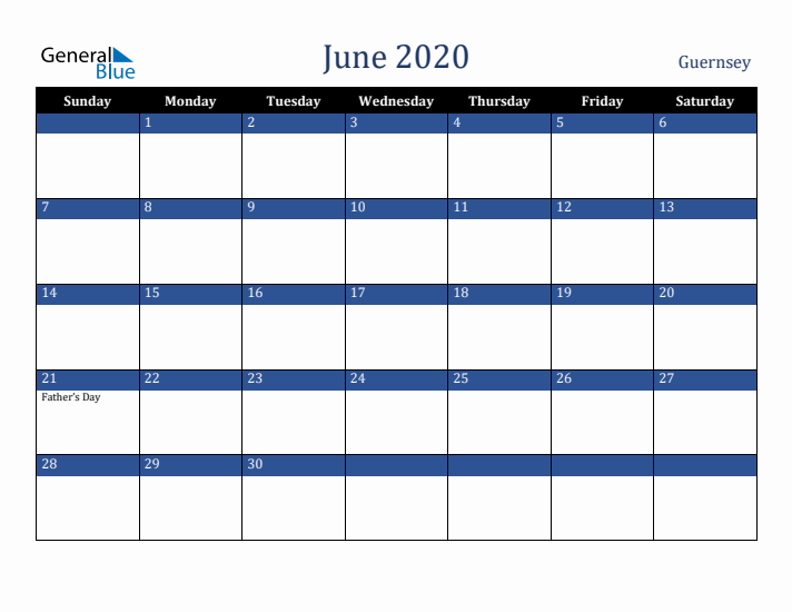 June 2020 Guernsey Calendar (Sunday Start)