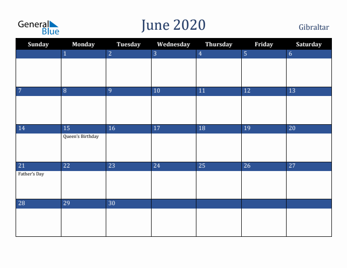June 2020 Gibraltar Calendar (Sunday Start)