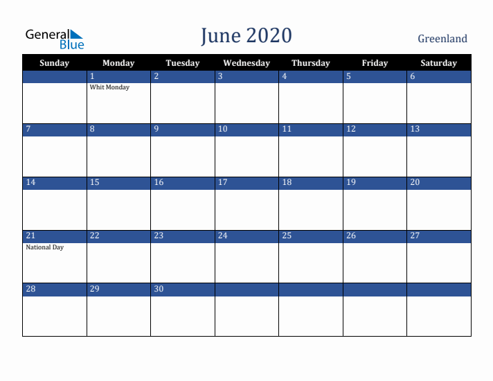 June 2020 Greenland Calendar (Sunday Start)