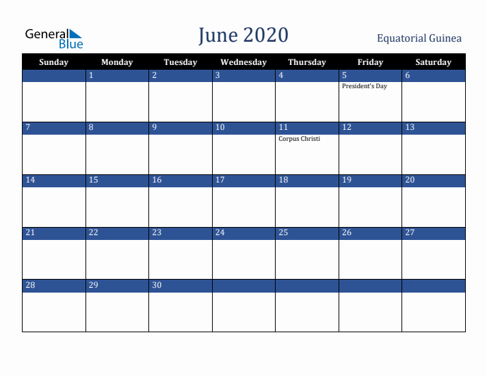 June 2020 Equatorial Guinea Calendar (Sunday Start)