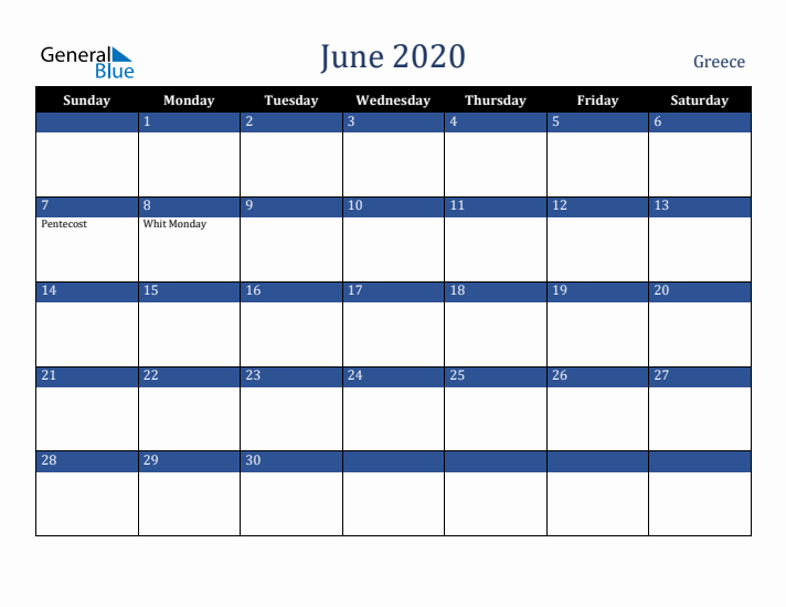 June 2020 Greece Calendar (Sunday Start)