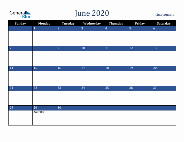 June 2020 Guatemala Calendar (Sunday Start)