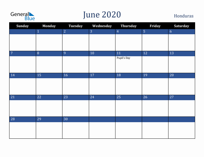 June 2020 Honduras Calendar (Sunday Start)