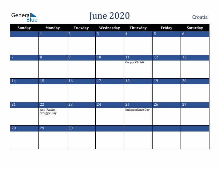 June 2020 Croatia Calendar (Sunday Start)