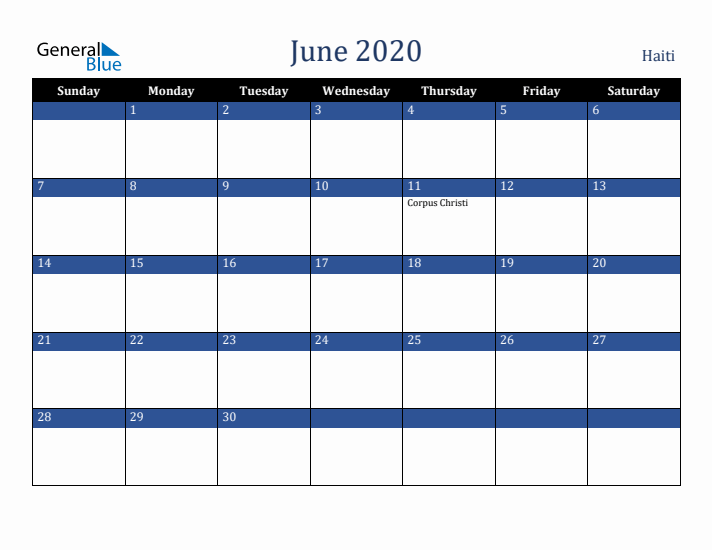 June 2020 Haiti Calendar (Sunday Start)