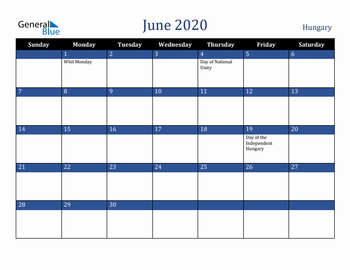 June 2020 Hungary Calendar (Sunday Start)
