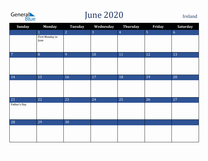 June 2020 Ireland Calendar (Sunday Start)