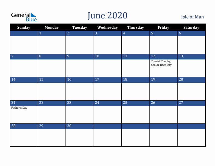 June 2020 Isle of Man Calendar (Sunday Start)