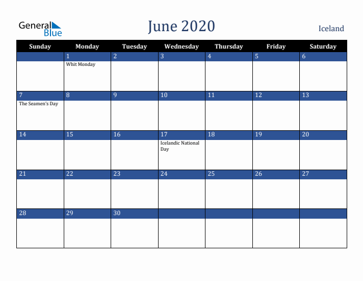 June 2020 Iceland Calendar (Sunday Start)