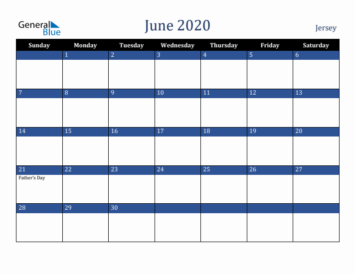 June 2020 Jersey Calendar (Sunday Start)