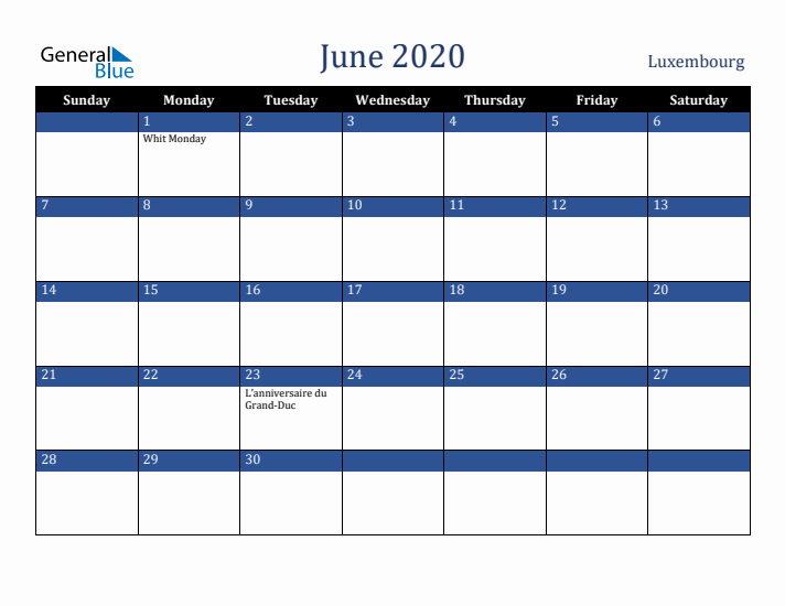 June 2020 Luxembourg Calendar (Sunday Start)