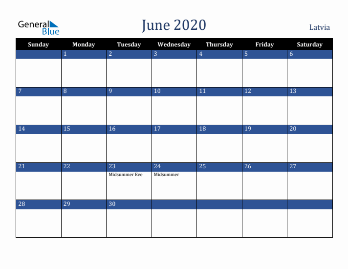 June 2020 Latvia Calendar (Sunday Start)