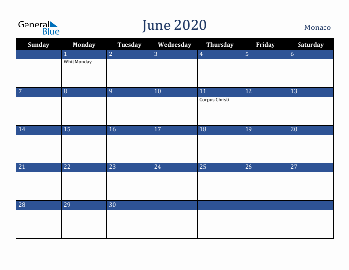 June 2020 Monaco Calendar (Sunday Start)