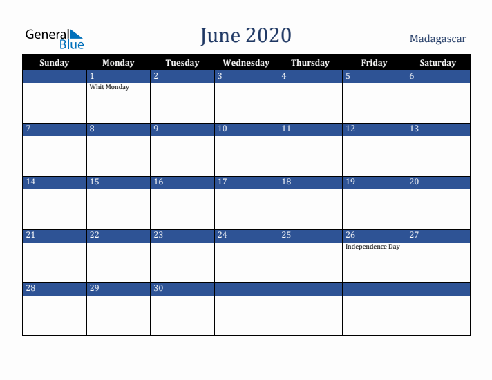 June 2020 Madagascar Calendar (Sunday Start)