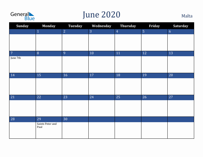 June 2020 Malta Calendar (Sunday Start)