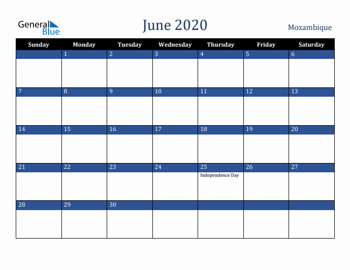 June 2020 Mozambique Calendar (Sunday Start)