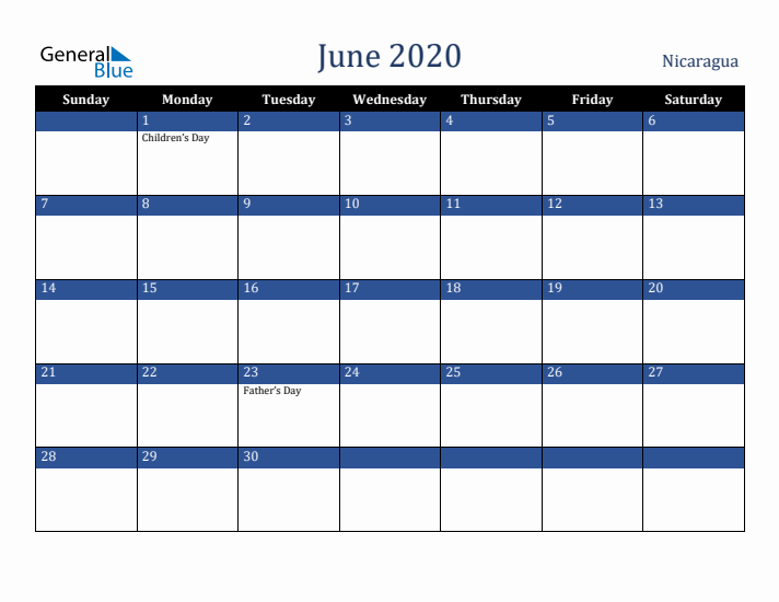 June 2020 Nicaragua Calendar (Sunday Start)