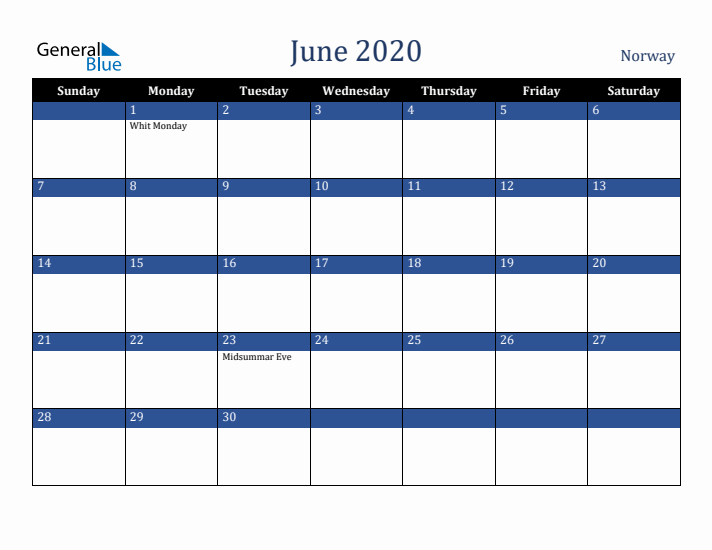 June 2020 Norway Calendar (Sunday Start)