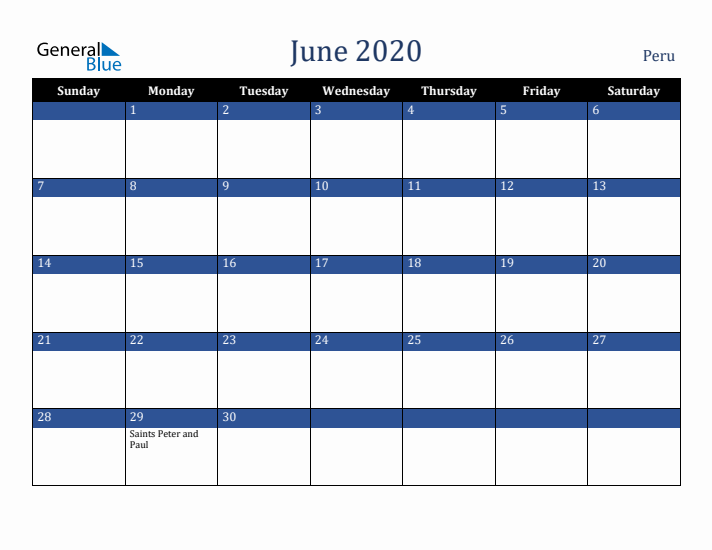 June 2020 Peru Calendar (Sunday Start)