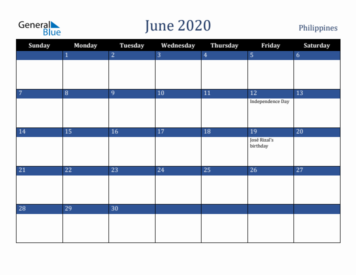 June 2020 Philippines Calendar (Sunday Start)