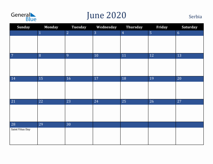 June 2020 Serbia Calendar (Sunday Start)