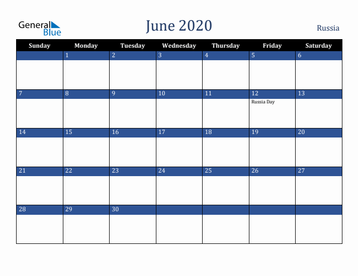 June 2020 Russia Calendar (Sunday Start)