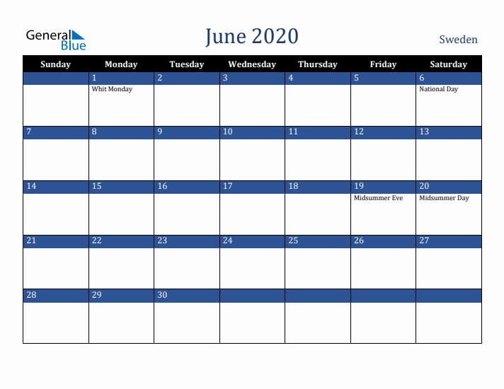 June 2020 Sweden Calendar (Sunday Start)