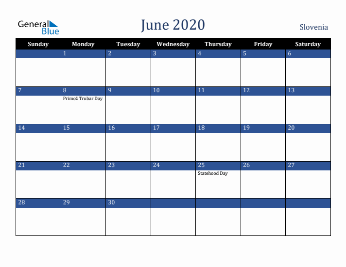 June 2020 Slovenia Calendar (Sunday Start)
