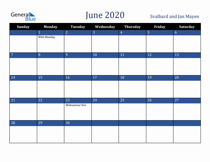June 2020 Svalbard and Jan Mayen Calendar (Sunday Start)