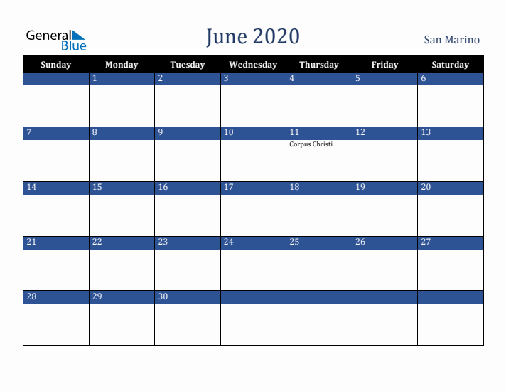 June 2020 San Marino Calendar (Sunday Start)