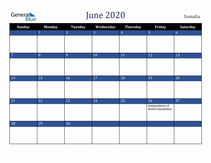 June 2020 Somalia Calendar (Sunday Start)