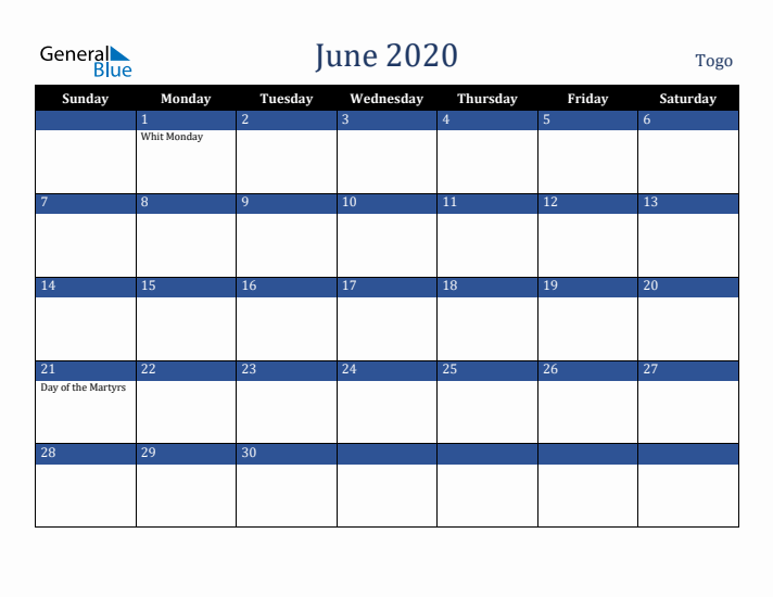 June 2020 Togo Calendar (Sunday Start)
