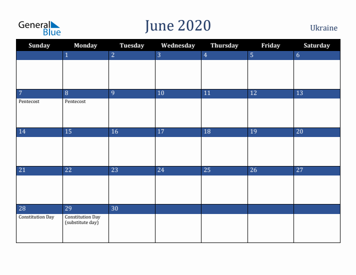 June 2020 Ukraine Calendar (Sunday Start)